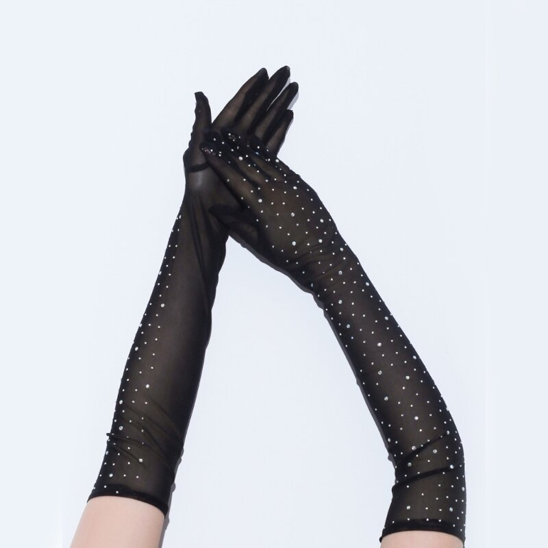 Эластичные перчатки с длинными рукавами и стразами, элегантные женские банкетные перчатки