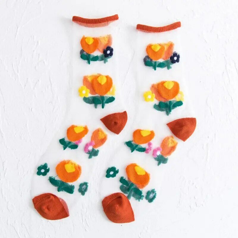 Mulheres meias tornozelo fibra cristal doce colorido margarida floral jacquard tubo meias
