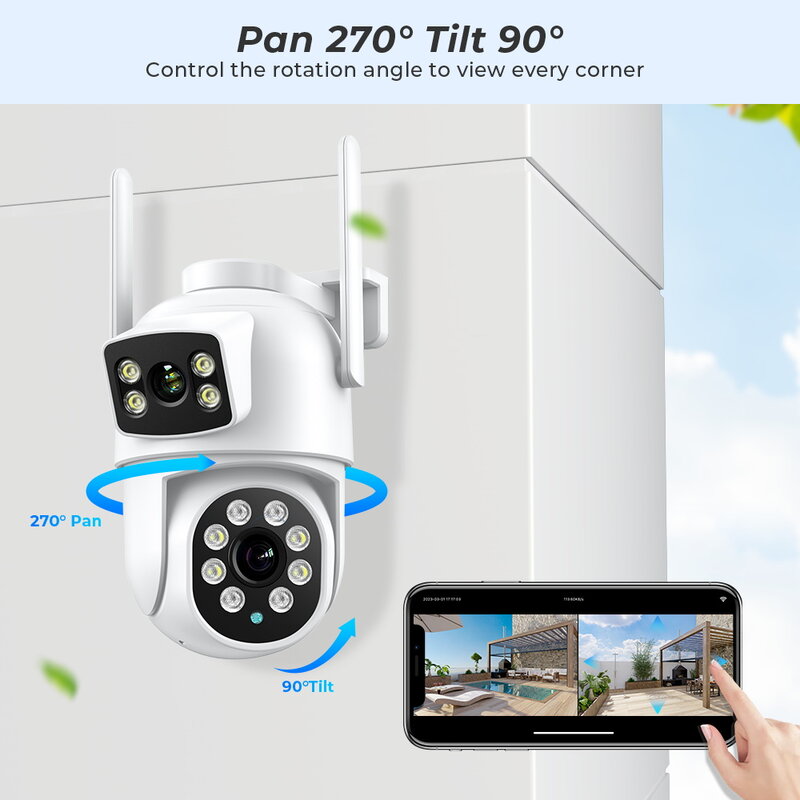 ZRHUNTER-CCTV Câmera de segurança com visão noturna, câmera de vigilância WiFi ao ar livre, lente dupla, detecção humana, 8MP, 4K, IP PTZ, ICsee