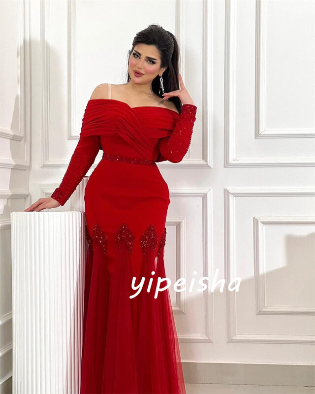Saudi Arabia Ball Dress Evening Jersey Sequined Ruched Clubbing A-line Off-the-shoulder Bespoke Occasion Gown Midi Dresses