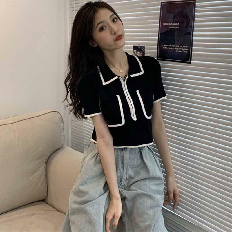 2014 Summer New Contrast Color Zipper Pockets Polo-Neck Fashion Sweet Loose Short Sleeve Women's Ice Silk Knitting Sweaters Tops