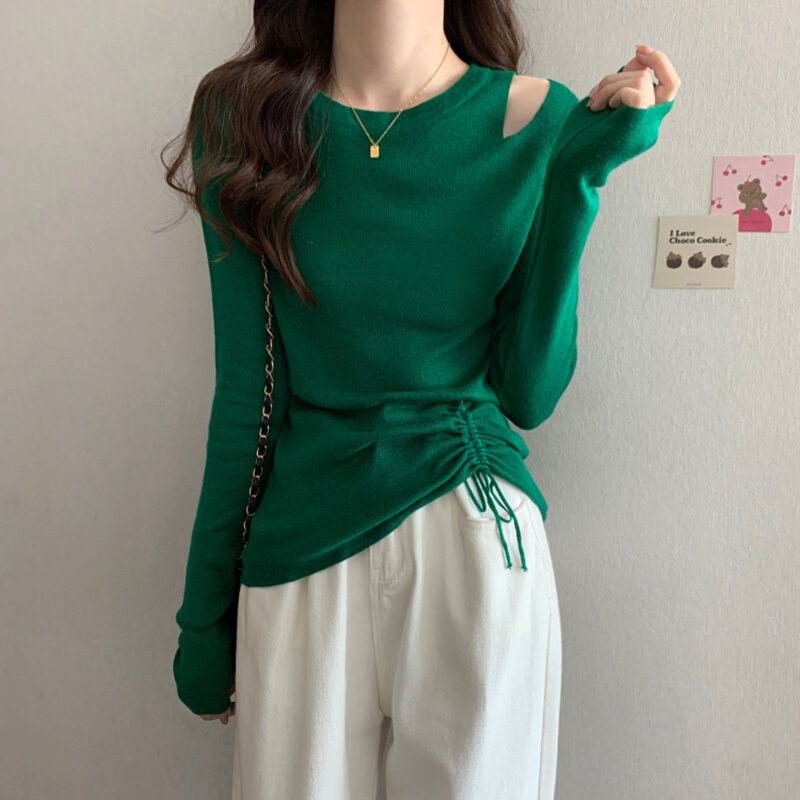 Women Off Shoulder Full Sleeve Tees 2023 Autumn Chic Design Solid Color Bottoming Knitshirts Oversized Drawstring Female Top