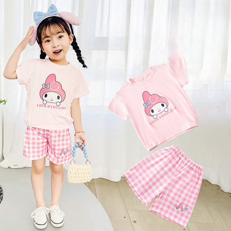 Camisola Kawaii Sanrio para crianças, Kuromi Cinnamoroll, Hello Kitty, pijama My Melody, calça menina, conjunto de roupas anime, terno de verão