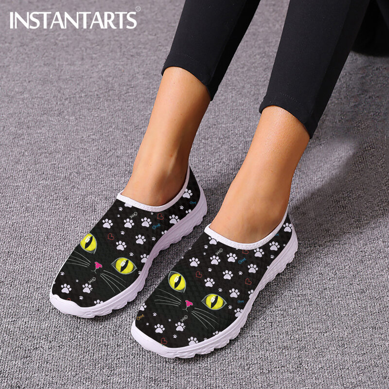 INSTANTARTS Black Cats Face Cartoon Pattern Women's Outdoor Flat Shoes Lightweight Slip-on Mesh Footwear Casual Zapatillas Mujer