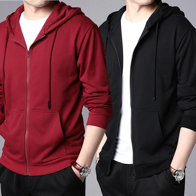 Trendy Men Fall Coat Warm Long Sleeves Outwear Drawstring Pure Color Spring Jacket