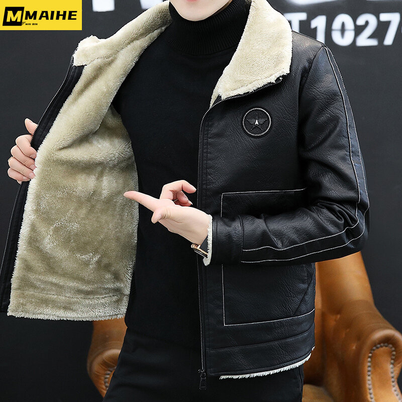 Jaqueta casual retrô de couro PU masculina, casaco de lã quente, roupa exterior à prova de vento, colarinho de inverno