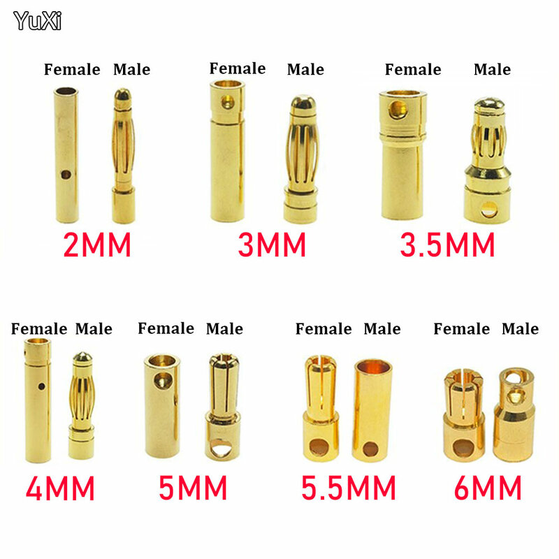 YUXI RC 배터리 금도금 총알 바나나 플러그, 고품질 암수 총알 바나나 커넥터, 2mm, 3mm, 3.5mm, 4mm, 5mm, 5.5mm, 6mm