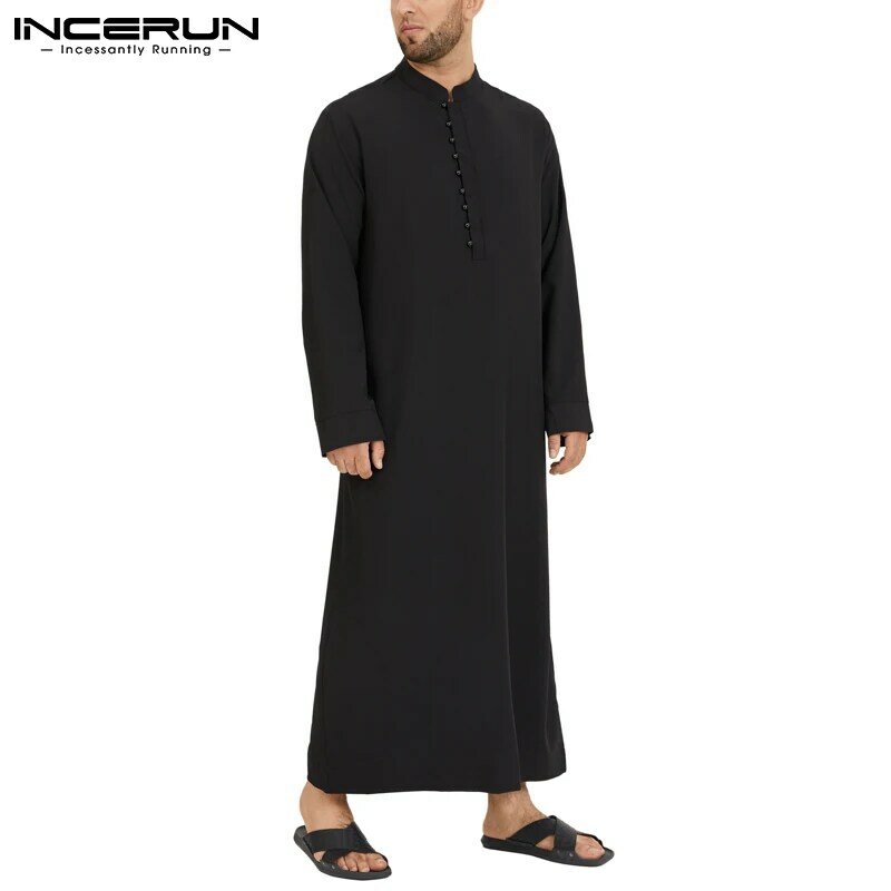 INCERUN Muslim Men Jubba Thobe Kaftan Solid Color Long Sleeve Fashion Thin Robes Stand Collar Islamic Arabic Men Caftan S-5XL