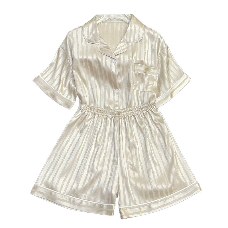 Conjunto de Pijama de seda sintética para Mujer, ropa de dormir de 2 piezas con estampado a rayas, botones de satén, manga corta, para el hogar