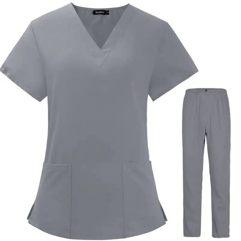 Set di scrub Unisex sottili estivi per uomo donna salone di bellezza infermiera Scrubs Suit Lab Spa uniformi scollo a v Pet Grooming abbigliamento da lavoro