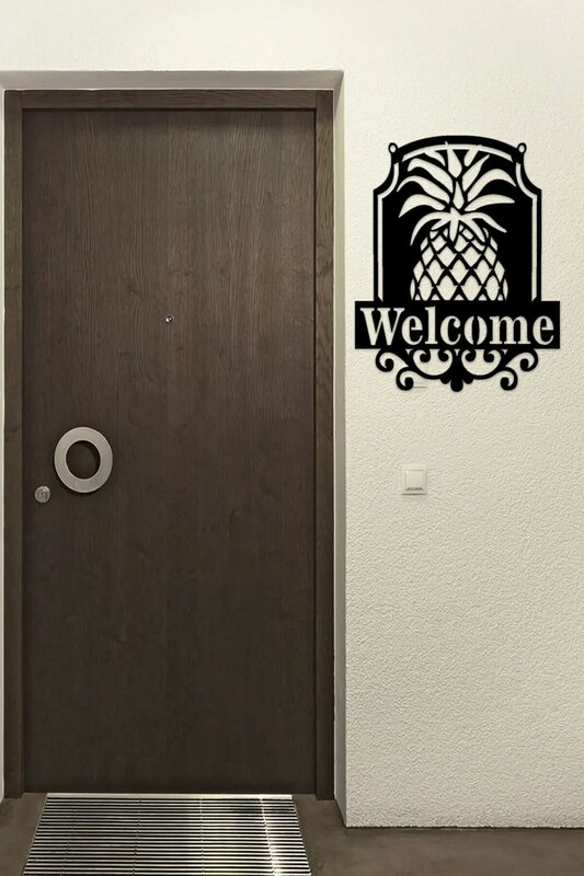 Puerta de entrada Bienvenido escrito piña temática cortada con láser negro producto de decoración de pared 28x35 cm