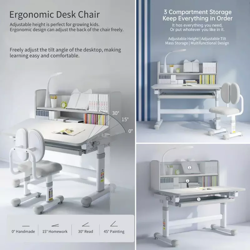 어린이 책상 및 의자 세트, 높이 조절 가능, 기울어진 책상, 어린이 공부 테이블, 서랍이 있는 학교 기능성 필기 책상