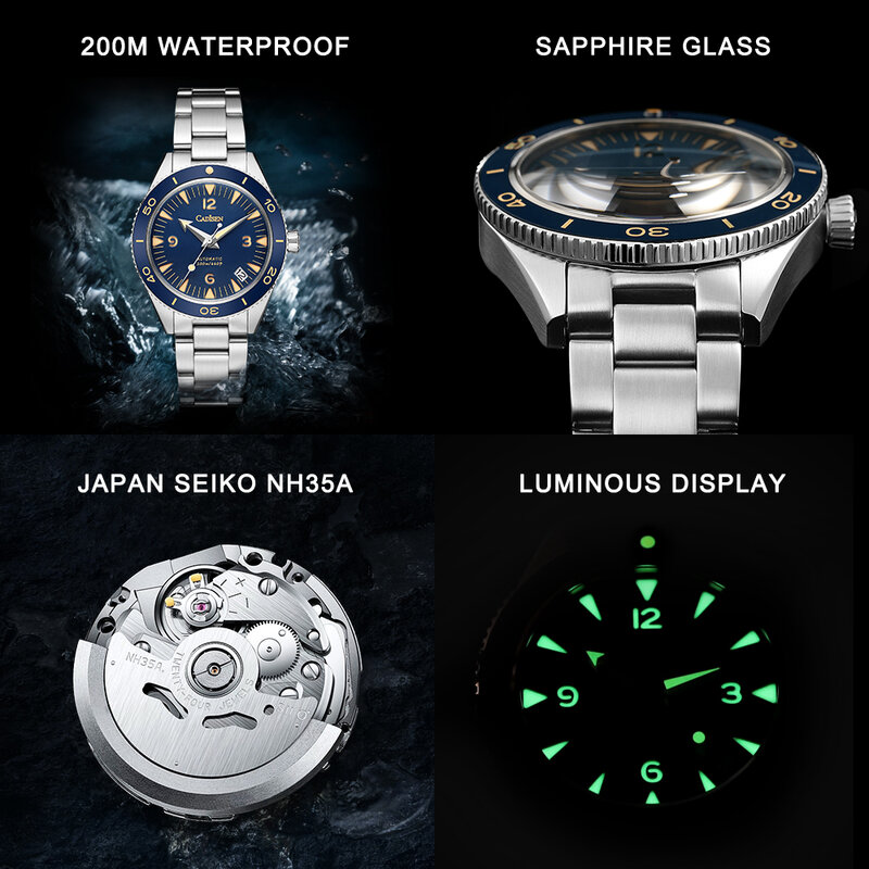 CADISEN New 38mm Men Automatic Mechanical Watches Top Brand Sapphire Stainless Steel C3 Luminous 200m Waterproof Reloj Hombre