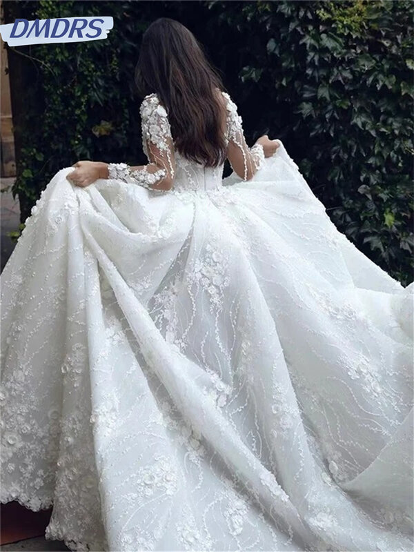 Vestido de noiva de fenda lateral sexy, Vestido clássico de casamento manga longa, Vestido romântico Applique até o chão, 2024