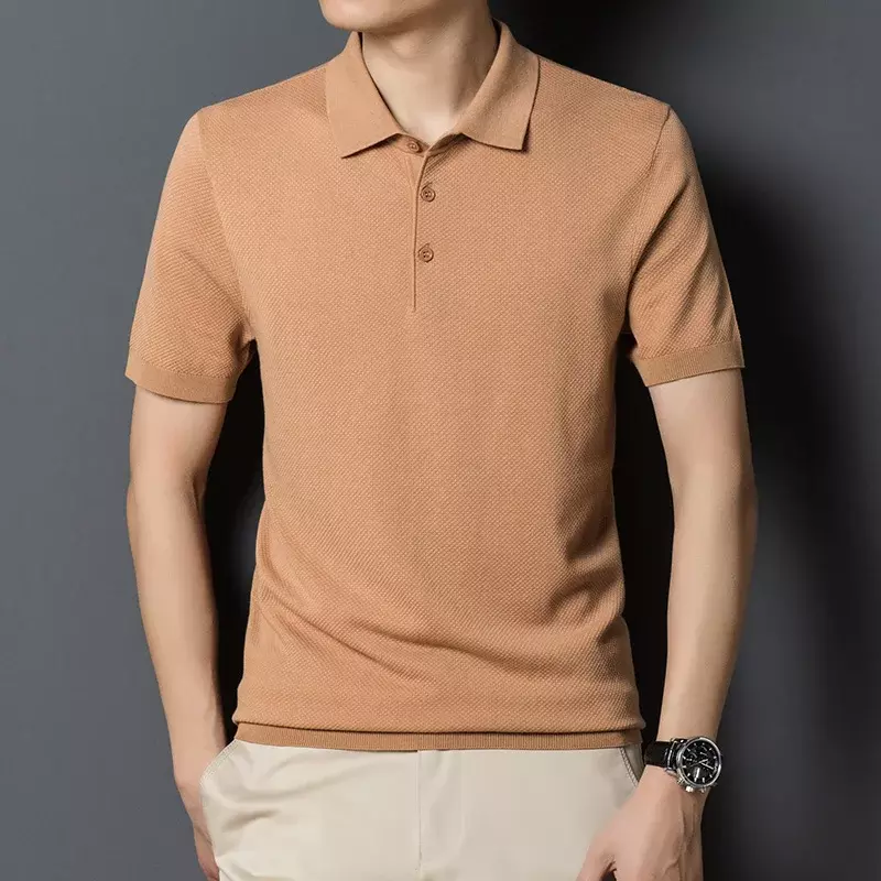 Summer Pure Color Mulberry Silk Short Sleeve Thin T-shirt Men's Lapel Knited Polo Shirt Men's Business Casual Cotton Sweater Men