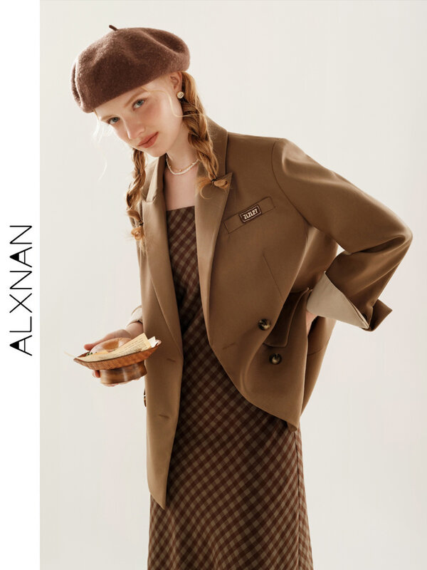 بدلة أزياء غير رسمية فضفاضة للنساء ALXNAN ، سترة مزدوجة الصدر ، طية صدر عتيقة ، ملابس سيدة مكتب ، TM00512 ، الخريف ،