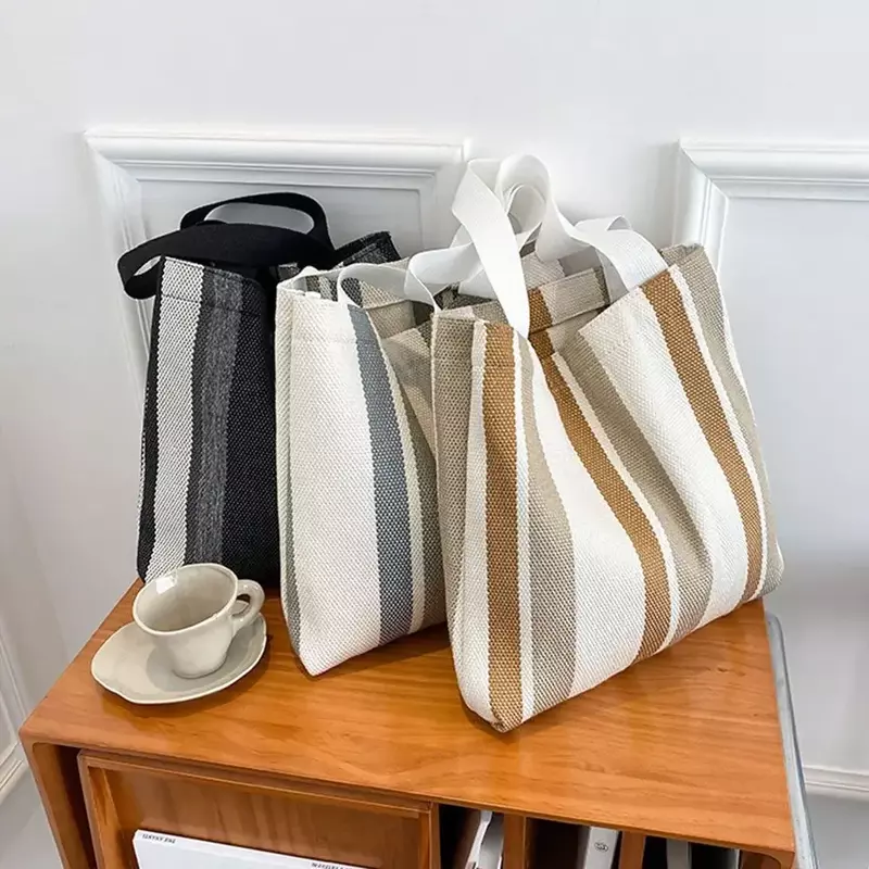 SFN7 Simple Retro Handbag Small Fresh Striped Canvas Bags for Women Casual  Art Large-capacity Shoulder Bag Female