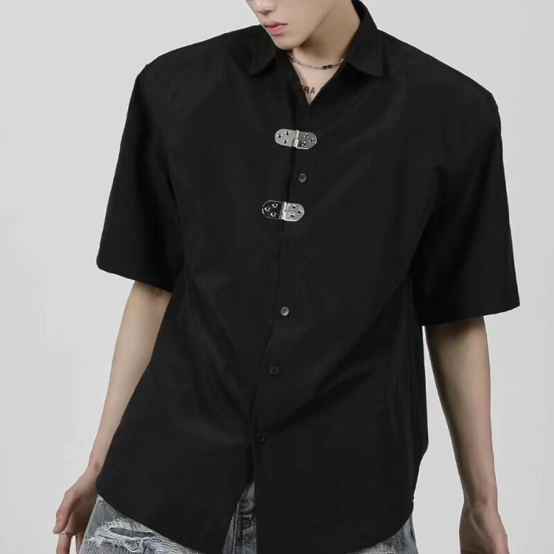 เสื้อฮิปฮอปแท้กระดุมผู้ชายเสื้อเชิ้ตฮาราจูกุย้อนยุคคอปกเสื้อลำลองดีไซน์เก๋ไก๋ในฤดูร้อนสไตล์เกาหลี