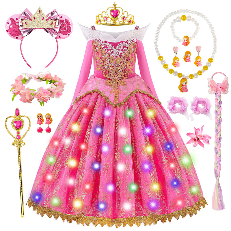 Girls Aurora Dress Sleeping Beauty Cosplay Princess Vestido Carnival Christmas Party Kids Deluxe Costume Halloween Elegant Gown
