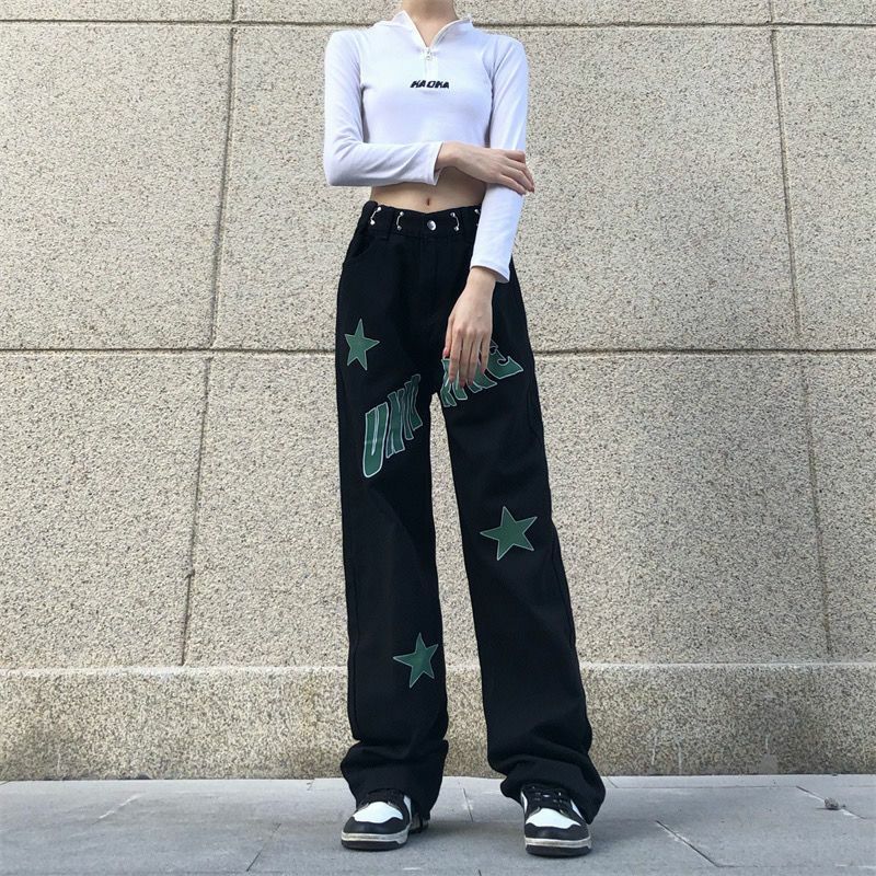 MARM's new American jeans women's y2k star letter high waist shows thin loose flesh cover straight leg wide leg casual trousers