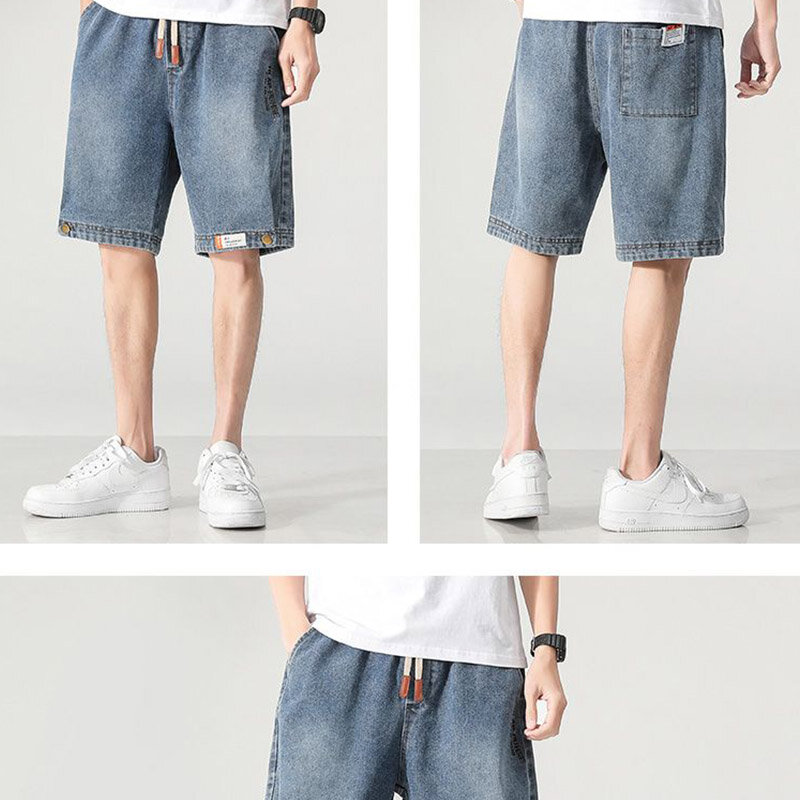 Jeans shorts Sommer schlanken Stil trend ige Herren lose und atmungsaktive Hose mit geradem Bein Strand Kordel zug elastische Taille 5/4 Hose