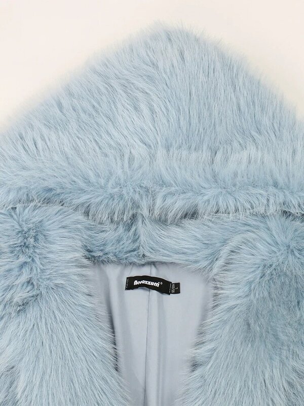 Nerazzurri-Manteau d'Hiver en Fausse Fourrure pour Femme, Veste avec Capuche, Bleu Blanc, Optique, Chaud, Shaggy, Décontracté
