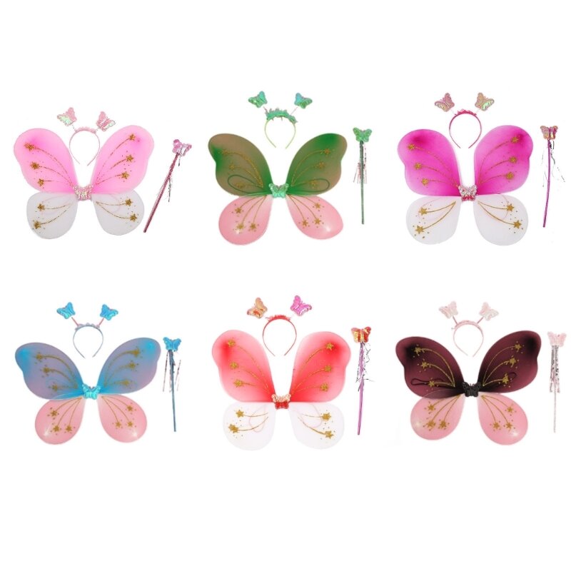 Conjunto fantasia fada infantil N80C 3x, asas fada borboleta com faixa cabeça, varinha para o Halloween