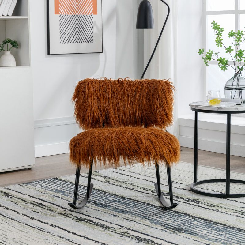 Soft and Cozy 25.2'' Wide Faux Fur Plush Nursery Rocking Chair with Metal Rocker, Fluffy Upholstered Glider Chair, Comfortable M