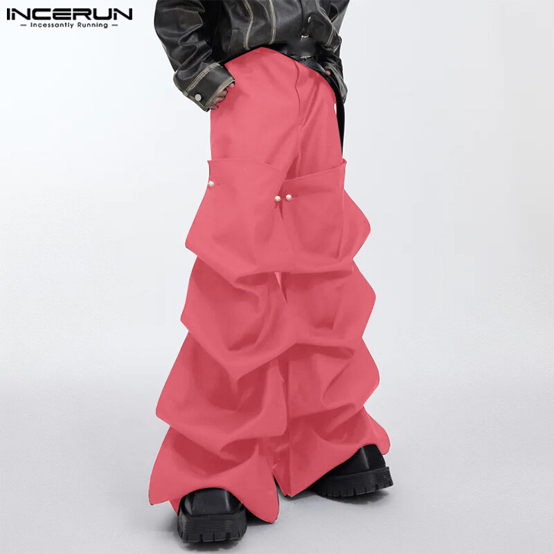 INCERUN 2024 Korean Style Mens Fashion Trousers Casual Clothing Solid Layered Design Pantalons Male Party Shows Long Pants S-5XL