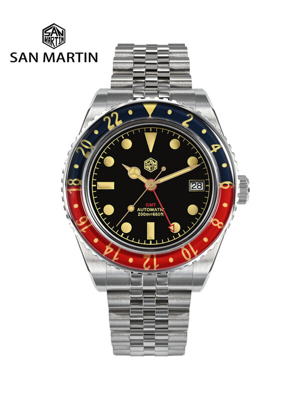 San Martin NH34 40mm GMT luksusowy sportowy w pełni świecący dwukierunkowy szafirowy zegarek mechaniczny 20 Bar SN0005