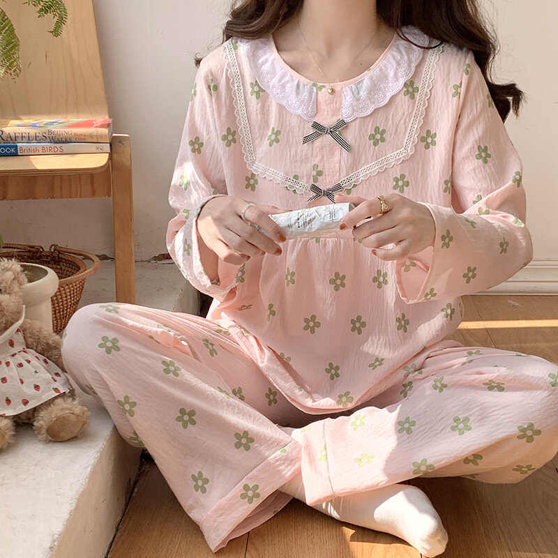 Rundhals ausschnitt Spitzen besatz Home Wear dünne Wolke Baumwolle Nachthemd Langarmhose Pyjama zweiteilige Set Lounge-Kleidung für Frauen