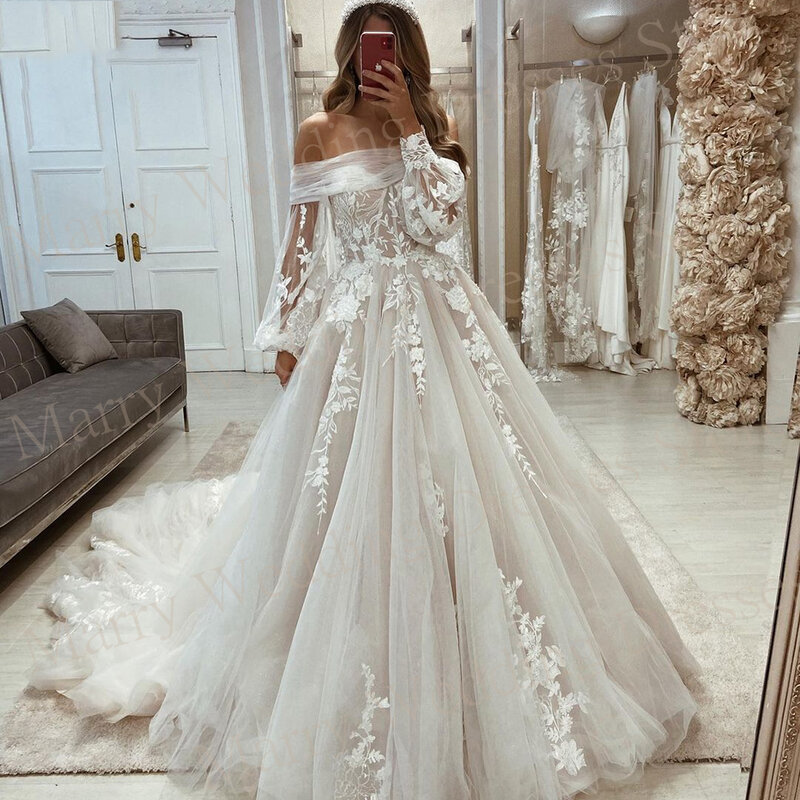 2024 Classic Exquisite A Line Women's Wedding Dresses Graceful Appliques Lace Bride Gowns Lantern Sleeve Sweetheart فستان الزفاف