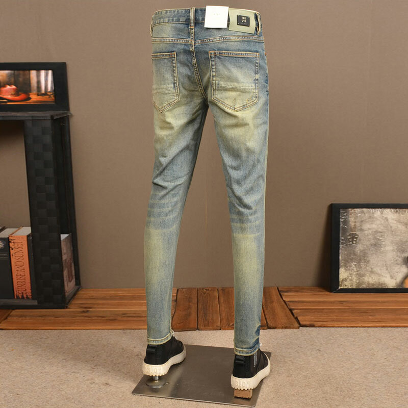 Jeans retrô lavado rasgado masculino, calça jeans vintage, streetwear, elástico, slim fit, alta qualidade, na moda