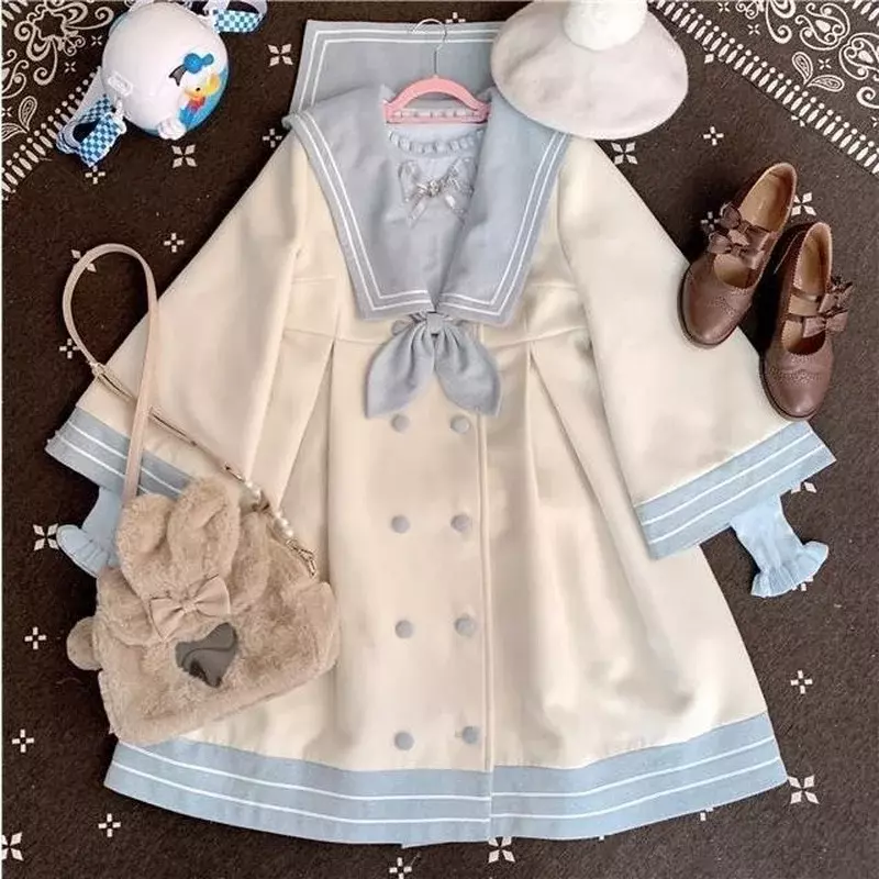 Casaco de lã patchwork japonês, jaqueta de caxemira feminina, estilo doce, fofo, inverno, 2023