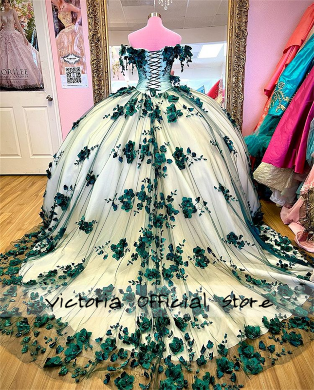 Emerald Green Beaded 3D Flowers Ball Gown Quinceanera Dress Off The Shoulder Sweet 15 16 Dress Corset Vestidos De 15 Años
