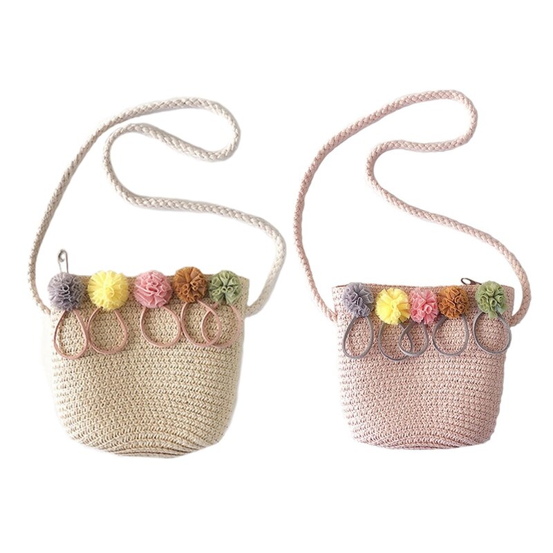Borsa a tracolla per ragazze 2 pezzi borsa a tracolla in tessuto di Rattan di paglia per neonate Best - Beige e rosa