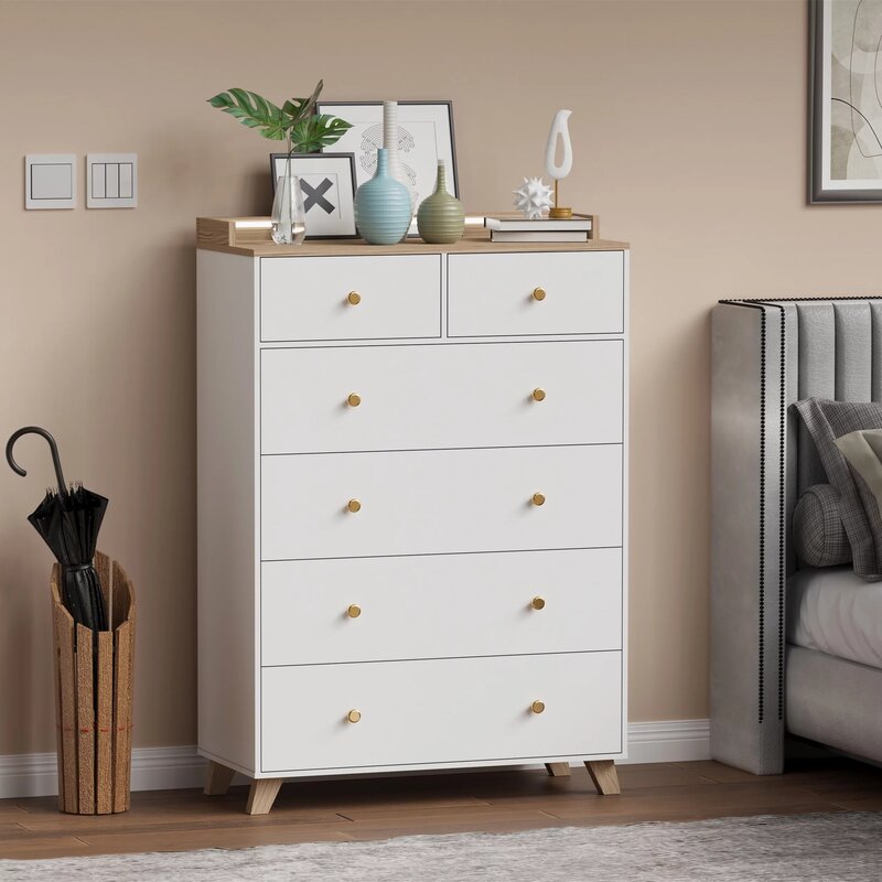 1pc White Dresser For Bedroom, 6 Drawer Dresser With LED Lights, Large Capacity Wood Dressers & Chests Of Drawers, White Dresser