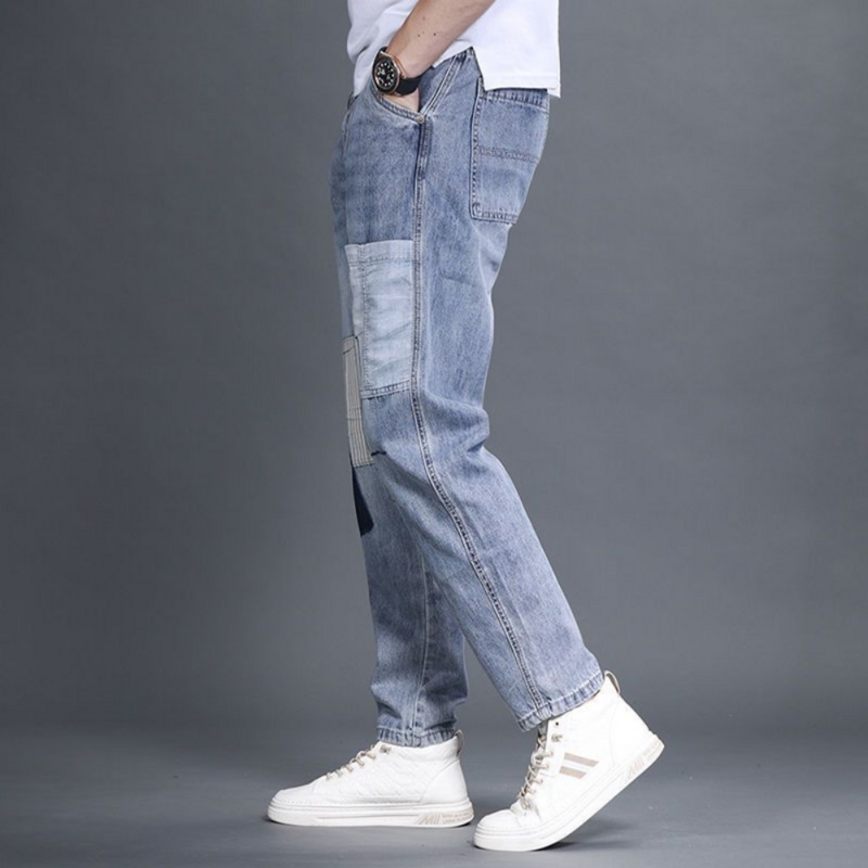 Calças de bolso múltiplo remendos para homens, calças jeans de casal, streetwear casual, calças de rua alta, jeans estilo masculino