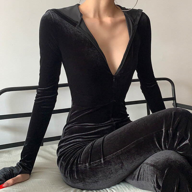 Baju kodok wanita, Jumpsuit hitam ramping wanita mode berkerudung ritsleting lengan panjang kardigan celana suar atasan seksi Korea