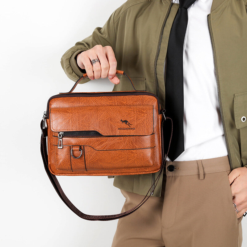 Bolsa de mão de couro PU para homens, mensageiro cruzado, bolsa de negócios casual, carteira de cartão quadrada, bolsa lateral ombro