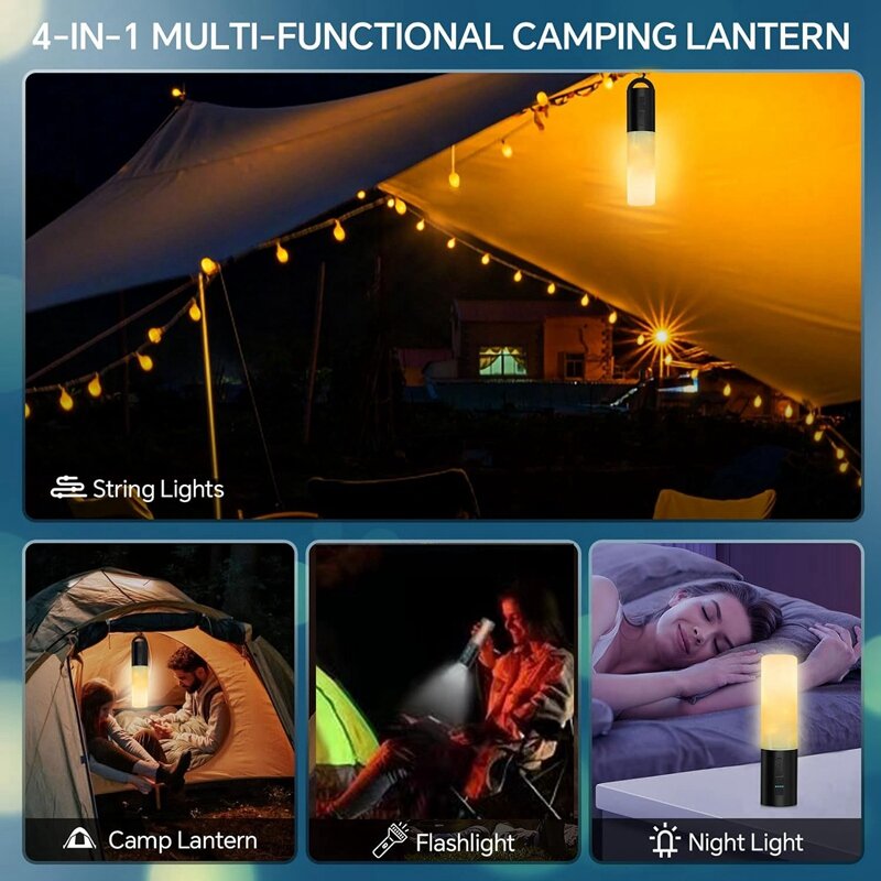 Lanterne de camping avec ficelle lumineuse, banque de chargeur aste, étanche IP44, durable, 33 fédérations, 4000mAh