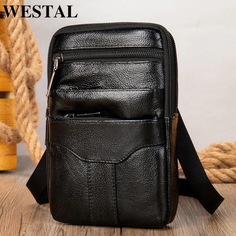 WESTAL Small Men's Shoulder Bag Genuine Leather Mini Men's Belt Bags Male Sport Belt Pouch Crossbody Bags Men Leather Phone Bag