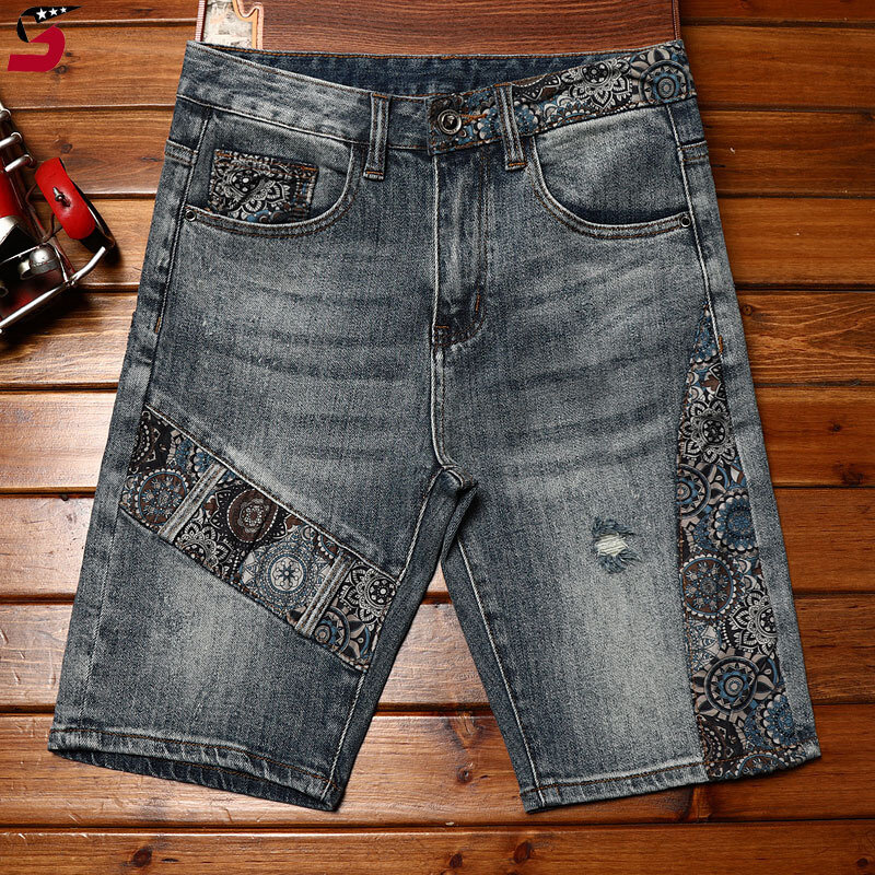 Shorts jeans estampados em Paisley masculino, calças cortadas finas elásticas, casual moda de rua legal, verão