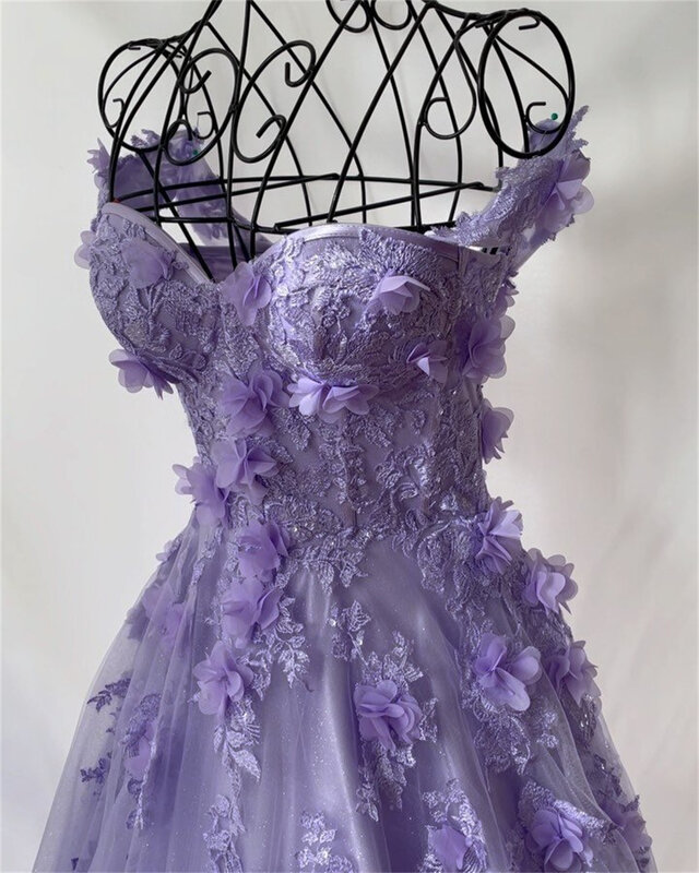 Amanda Princess 3D Flower Phillianger xs xsは、滝の光である大ヒットします。Aラインチュールイブニングドレス手作りの紫色のプロムドレス