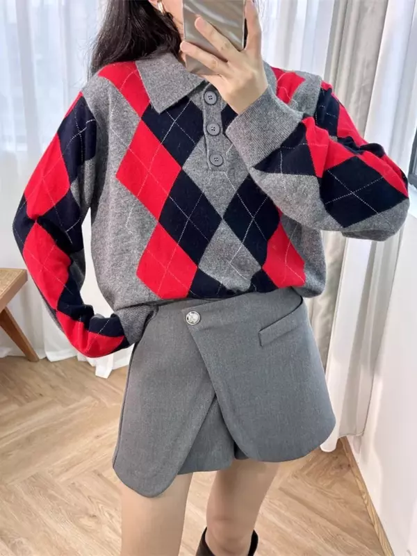 Women Knit Sweater Contrast Color Argyle Long Sleeve Front Buttons Turn-down Collar Casual Pullover