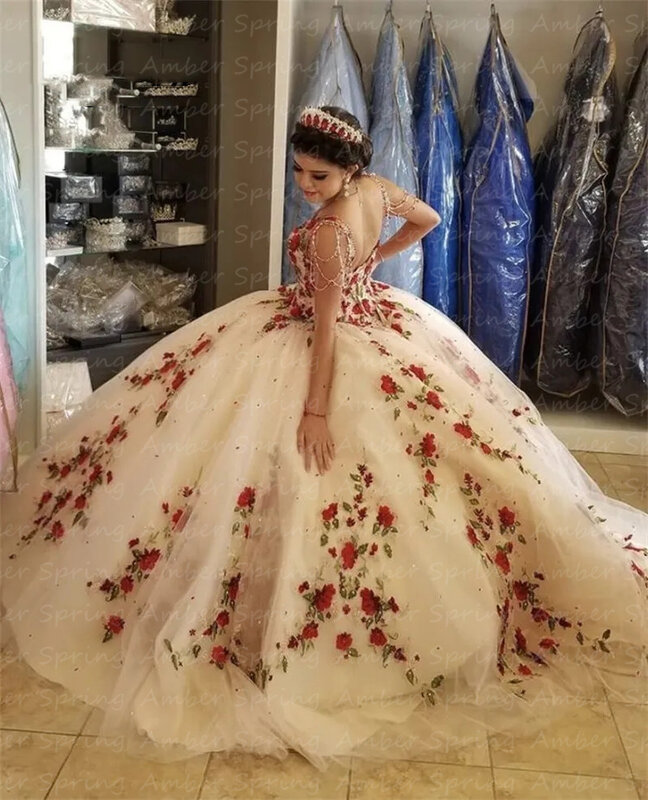 Rose Blumen Quince anera Kleider V Hals süße Vestidos de 15 Quinceañera Prinzessin 16 Geburtstags feier Robe Vestido de Noche