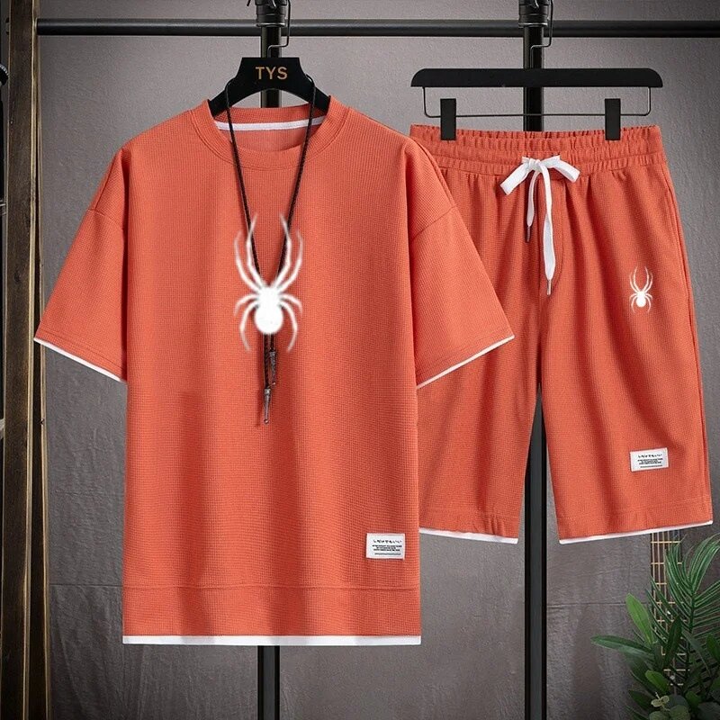 Shorts com padrão waffle masculino, roupas esportivas de verão, estilo harajuku, ajuste solto, conjunto de duas peças