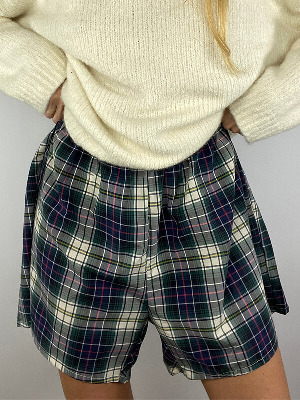 Женские уютные клетчатые шорты, удобные Пижамные шорты с широкими штанинами и эластичной резинкой, мягкие короткие штаны для женщин, Пляжная уличная одежда Y2K 00s