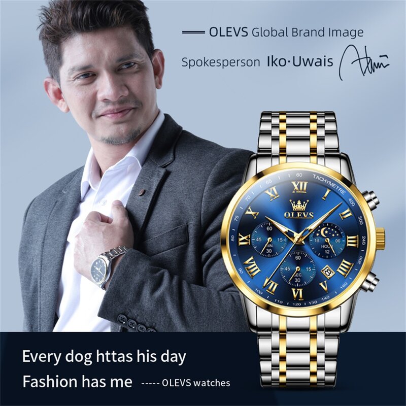 OLEVS-Relógio Quartz Fase da Lua Masculino, Aço Inoxidável, Impermeável, Relógio de Pulso Masculino, Data, Original, Marca de Luxo, Hot Sales