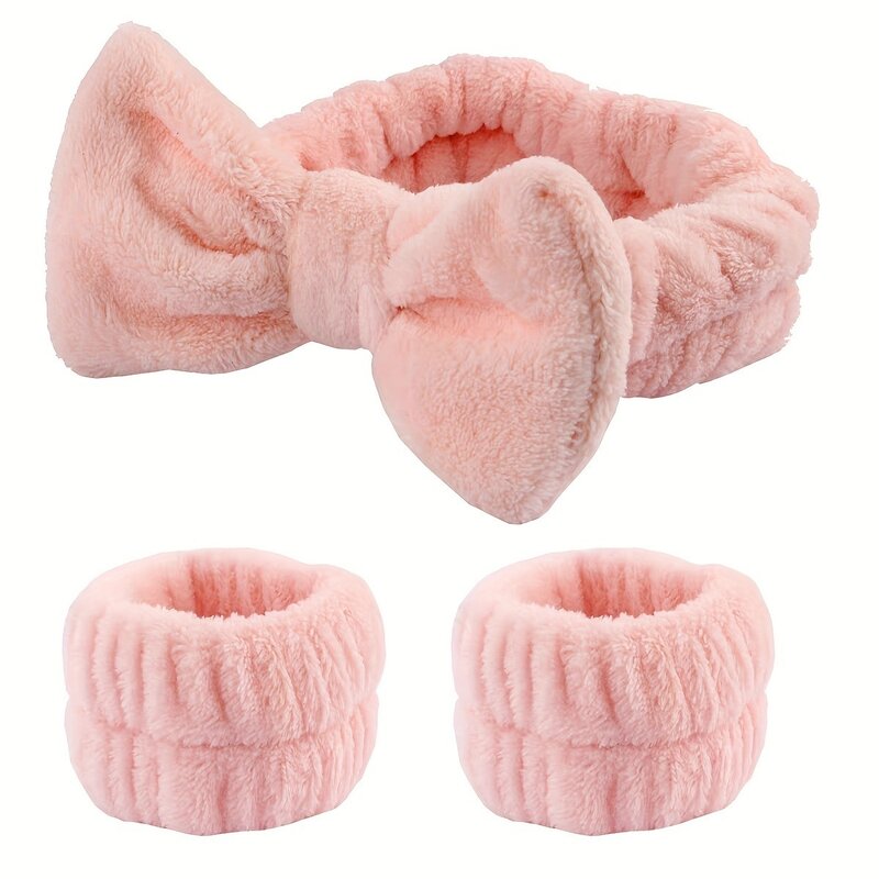 Soft Plush Hair Bands Set, Bow Knot Coral Fleece Wash Face Headbands With Matching Wrist Bands, Women's Hair Accessories, Elasti
